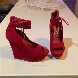 Red Semi Lace Up Wedges